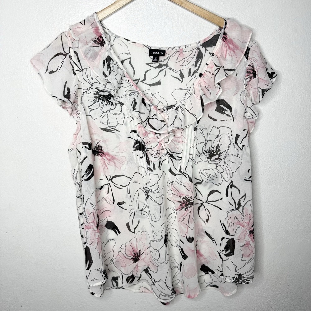 Torrid Ruffle Flutter Sleeve Sheer Top Jass Floral Women's 3X Pink Black Blouse